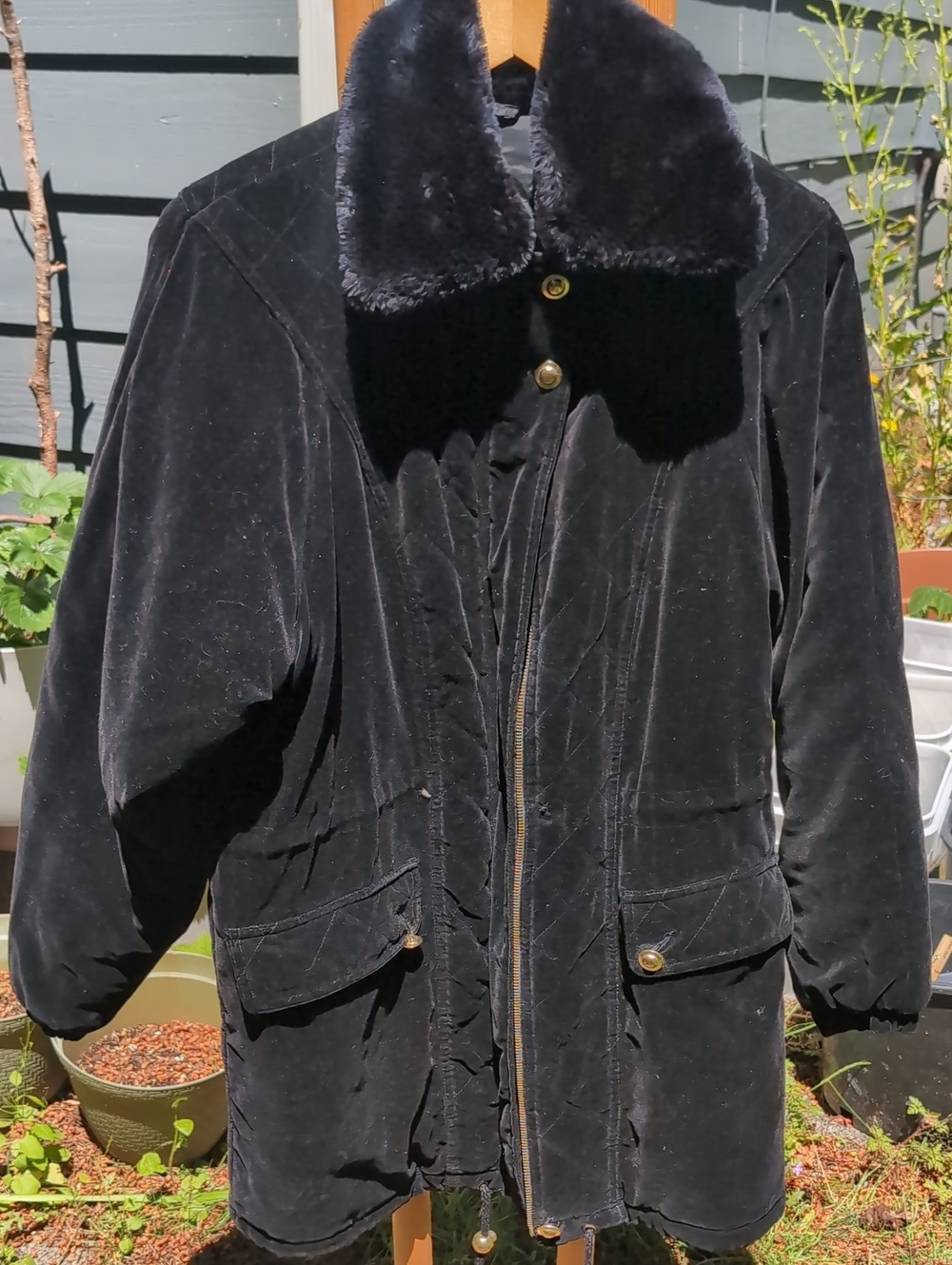 Vintage Current Seen Black Faux Fur Collar Velvety Winter Coat Gold Buttons